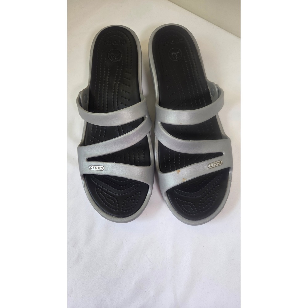Crocs Patricia Silver Black Wedge Sandals Womens 11 Strappy Slide Comfort Shoes - Picture 2 of 5